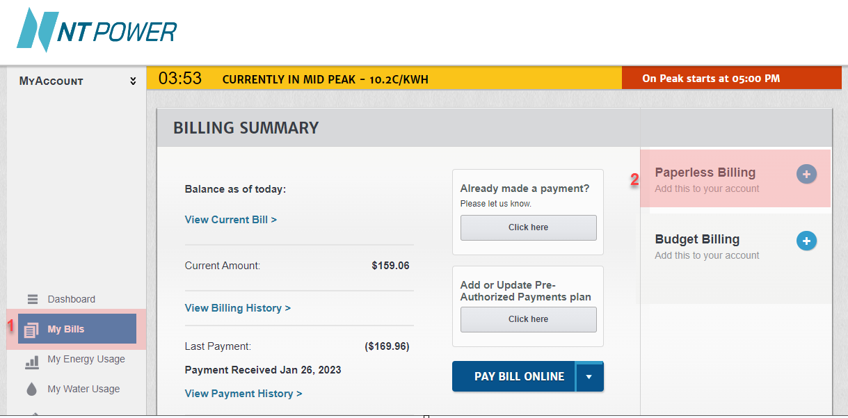 MyAccount Billing Summary